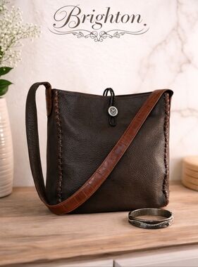 Brighton Dark Brown Pebble Leather Whipstitch Shoulder Bag & Bracelet/Dustbag